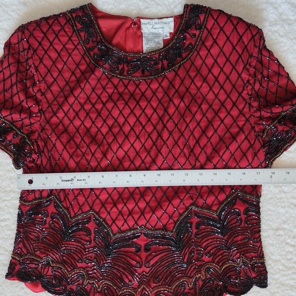 PAPELL BOUTIQUE EVENING BEADED BLOUSE WOMEN'S L 100% SILK VINTAGE RED FLORAL - Picture 6 of 7